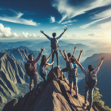 Group of happy people standing on top of the mountain and enjoying the view.の素材