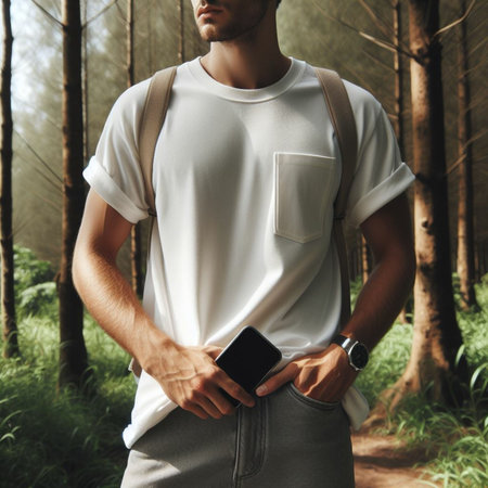Handsome man in white t-shirt holding smart phone in the forestの素材