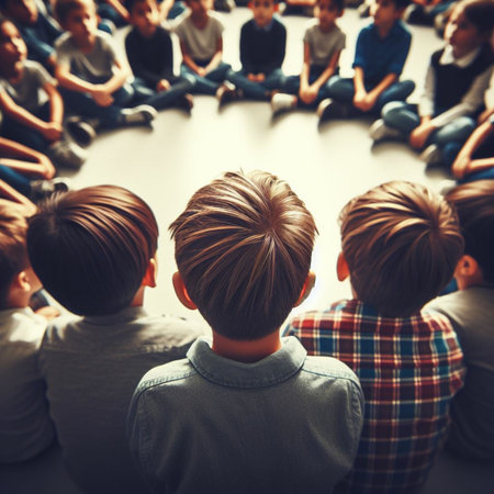 Group of young people sitting in a circle and looking at the cameraの素材