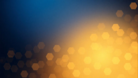 A vibrant blue and orange background with a multitude of hexagonal shapes scattered throughout. The blue and orange colors create a striking contrast. The shapes are of different sizesの素材