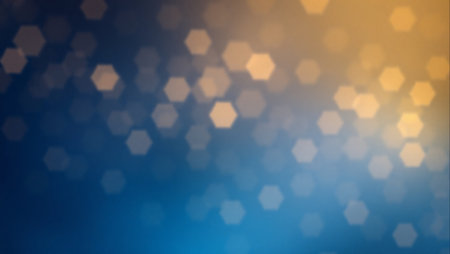 A vibrant blue and orange background with a multitude of hexagonal shapes scattered throughout. The blue and orange colors create a striking contrast. The shapes are of different sizesの素材