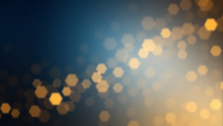 A vibrant blue and orange background with a multitude of hexagonal shapes scattered throughout. The blue and orange colors create a striking contrast. The shapes are of different sizesの素材