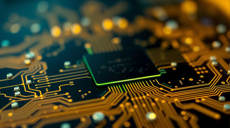 A close up of a computer chip. The chip is yellow and black and is surrounded by a lot of wiresの素材