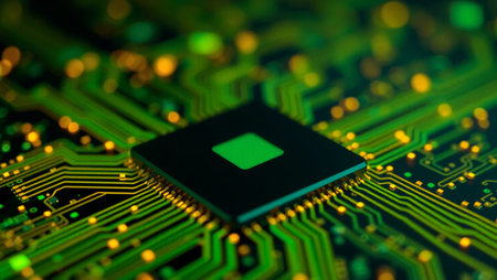 A close up of a computer chip. The chip is yellow and black and is surrounded by a lot of wiresの素材