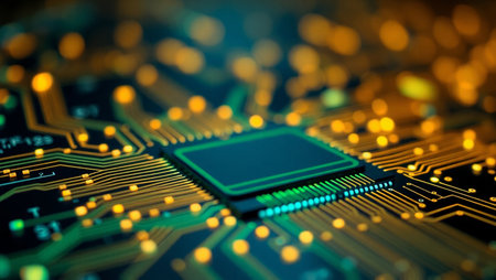 Close-up of electronic circuit board with microchips. 3D renderingの素材