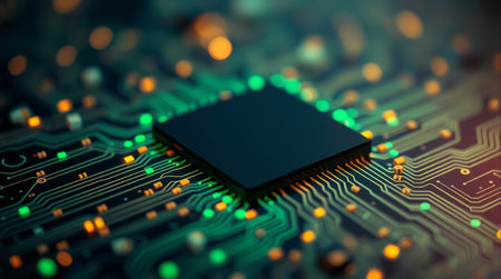 Close up of electronic circuit board with microchips and microchipsの素材