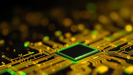 Electronic circuit board with microchips close-up. Technology backgroundの素材