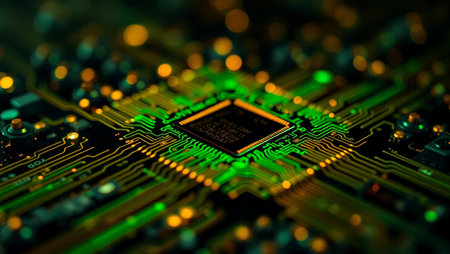 Circuit board close up. Electronic computer hardware technology. Motherboard digital chip. Tech science background. Integrated communication processor. Information engineering component.の素材