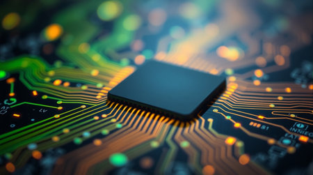 Microchip on electronic circuit board closeup. Technology and science conceptの素材