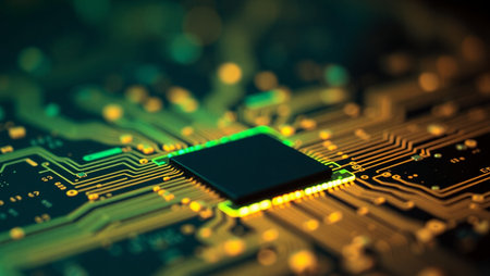 Electronic circuit board with microchips and microchips close upの素材