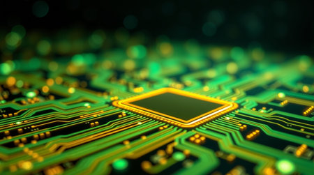 Electronic circuit board with microchips close up. 3D illustrationの素材