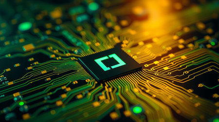 A close up of a computer chip. The chip is yellow and black and is surrounded by a lot of wiresの素材