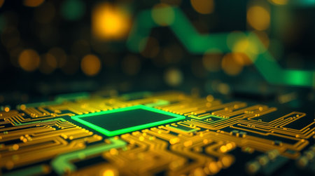 A close up of a computer chip. The chip is yellow and black and is surrounded by a lot of wiresの素材