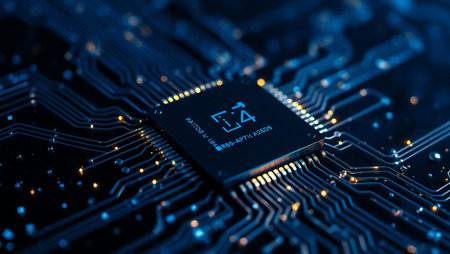 High-tech conceptual image of a central processing unit (CPU) mounted on an electronic circuit board, surrounded by glowing blue and orange data traces. The microchip features inscriptions such as "EMANET" and "SUMMITRON TECHNOLOGY 56" along with a stylized symbol. This digital artwork represents advanced computing, artificial intelligence, data processing, and modern electronics. Perfect for themes related to cybersecurity, innovation, hardware technology, and digital infrastructureの素材