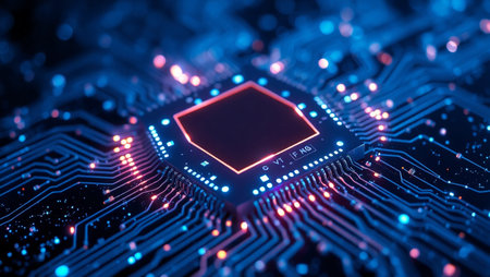 High-tech conceptual image of a central processing unit (CPU) mounted on an electronic circuit board, surrounded by glowing blue and orange data traces. The microchip features inscriptions such as "EMANET" and "SUMMITRON TECHNOLOGY 56" along with a stylized symbol. This digital artwork represents advanced computing, artificial intelligence, data processing, and modern electronics. Perfect for themes related to cybersecurity, innovation, hardware technology, and digital infrastructureの素材