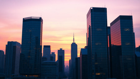 New York City skyline with skyscrapers at sunset, USA.の素材