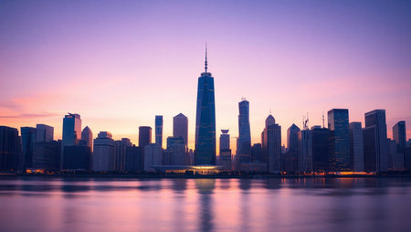 Stunning panoramic view of a contemporary city skyline at dusk, featuring illuminated skyscrapers with sleek glass facades and a central tower with a spire. The sky transitions from beautifully soft pink to deep purple, creating a serene and atmospheric backdrop. Ideal for themes related to urban development, architecture, infrastructure, real estate, and city life. Perfect for editorial use, website headers, travel blogs, and promotional materials showcasing metropolitan beauty and modern designの素材