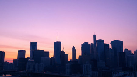Skyline of New York City at sunset with skyscrapers.の素材