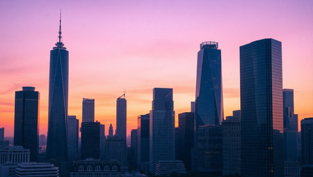 Shanghai Lujiazui financial district skyscrapers at sunsetの素材