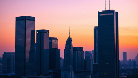 Shanghai skyline at sunset. Shanghai is the capital and largest city of China.の素材