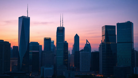 Chicago skyline at sunset with skyscrapers in Illinois, USA.の素材