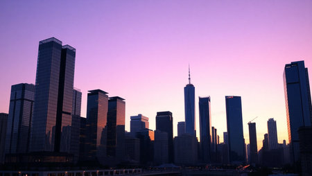 Chicago skyline at sunset with skyscrapers in the foreground, USAの素材