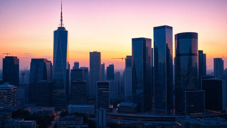 Shanghai city skyline at sunset, China. Shanghai is the capital of China.の素材