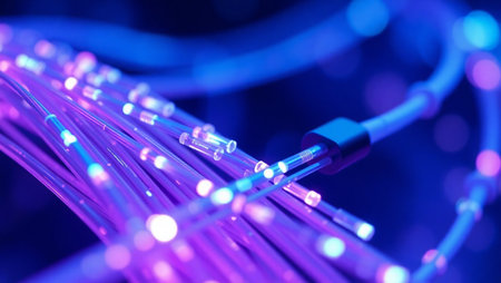 optical fibers dynamic flying from deep on technology cable backgroundの素材