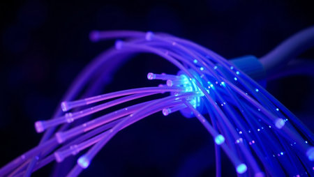 optical fibers dynamic flying from deep on technology cable backgroundの素材