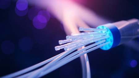 optical fibers dynamic flying from deep on technology cable backgroundの素材