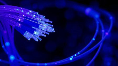 fiber optical network cable, close up of data connection technology backgroundの素材