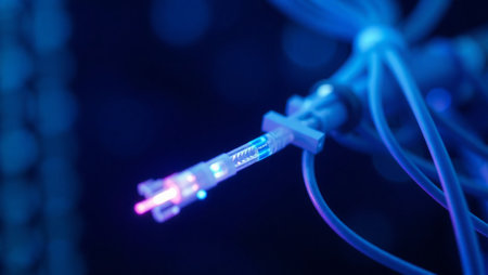 fiber optic cable with high tech blue light inside, technology backgroundの素材