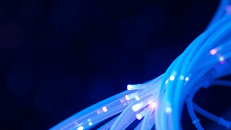 optical fibers dynamic flying from deep on technology cable backgroundの素材