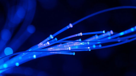 dynamic optical fibers flying from deep on technology abstract backgroundの素材