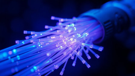 Fiber optical network cable close-up. Computer technology background.の素材