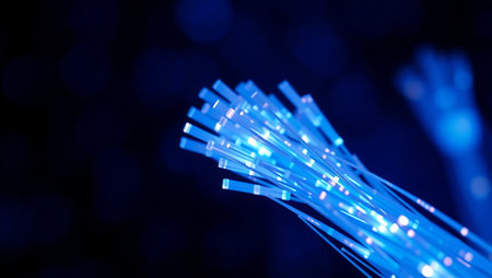 optical fibers dynamic flying from deep on technology cable backgroundの素材
