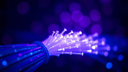 dynamic optical fibers flying from deep on technology fiber optic backgroundの素材