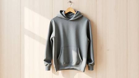 Blank gray sweatshirt hanging on wooden wall, mockup for designの素材