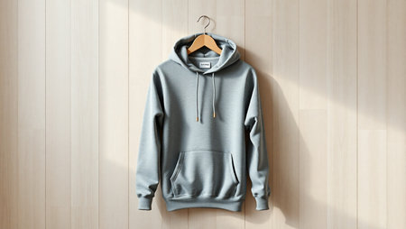 Blank sweatshirt hanging on hanger on wooden wall. Mockupの素材
