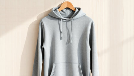 Blank gray hoodie hanging on wooden hanger, 3d renderの素材