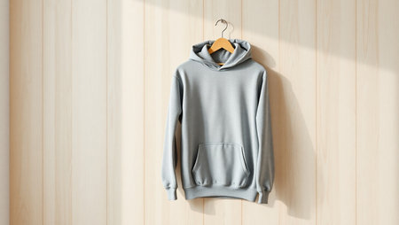 Blank gray sweatshirt hanging on wooden wall, 3d renderの素材