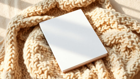 Top-down view of an open blank notebook placed on a soft, beige chunky knitted blanket. The scene is bathed in natural light, creating a warm and inviting atmosphere perfect for relaxation and creativity. The clean white pages suggest a fresh start for journaling, sketching, or planning. Ideal for lifestyle blogs, productivity content, stationery branding, and cozy workspace inspiration. This minimalist composition evokes comfort, mindfulness, and artistic expression.の素材