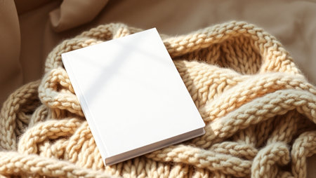 Top-down view of an open blank notebook placed on a soft, beige chunky knitted blanket. The scene is bathed in natural light, creating a warm and inviting atmosphere perfect for relaxation and creativity. The clean white pages suggest a fresh start for journaling, sketching, or planning. Ideal for lifestyle blogs, productivity content, stationery branding, and cozy workspace inspiration. This minimalist composition evokes comfort, mindfulness, and artistic expression.の素材