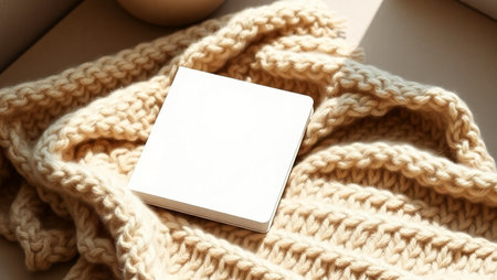 Top-down view of an open blank notebook placed on a soft, beige chunky knitted blanket. The scene is bathed in natural light, creating a warm and inviting atmosphere perfect for relaxation and creativity. The clean white pages suggest a fresh start for journaling, sketching, or planning. Ideal for lifestyle blogs, productivity content, stationery branding, and cozy workspace inspiration. This minimalist composition evokes comfort, mindfulness, and artistic expression.の素材