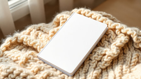 Top-down view of an open blank notebook placed on a soft, beige chunky knitted blanket. The scene is bathed in natural light, creating a warm and inviting atmosphere perfect for relaxation and creativity. The clean white pages suggest a fresh start for journaling, sketching, or planning. Ideal for lifestyle blogs, productivity content, stationery branding, and cozy workspace inspiration. This minimalist composition evokes comfort, mindfulness, and artistic expression.の素材