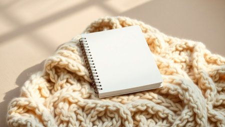 Top-down view of an open blank notebook placed on a soft, beige chunky knitted blanket. The scene is bathed in natural light, creating a warm and inviting atmosphere perfect for relaxation and creativity. The clean white pages suggest a fresh start for journaling, sketching, or planning. Ideal for lifestyle blogs, productivity content, stationery branding, and cozy workspace inspiration. This minimalist composition evokes comfort, mindfulness, and artistic expression.の素材