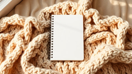 Top-down view of an open blank notebook placed on a soft, beige chunky knitted blanket. The scene is bathed in natural light, creating a warm and inviting atmosphere perfect for relaxation and creativity. The clean white pages suggest a fresh start for journaling, sketching, or planning. Ideal for lifestyle blogs, productivity content, stationery branding, and cozy workspace inspiration. This minimalist composition evokes comfort, mindfulness, and artistic expression.の素材