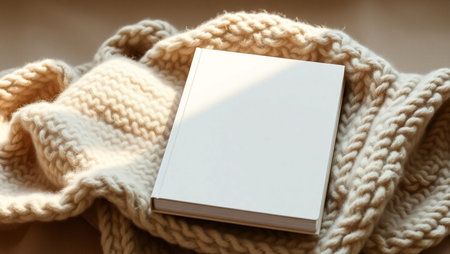 Top-down view of an open blank notebook placed on a soft, beige chunky knitted blanket. The scene is bathed in natural light, creating a warm and inviting atmosphere perfect for relaxation and creativity. The clean white pages suggest a fresh start for journaling, sketching, or planning. Ideal for lifestyle blogs, productivity content, stationery branding, and cozy workspace inspiration. This minimalist composition evokes comfort, mindfulness, and artistic expression.の素材