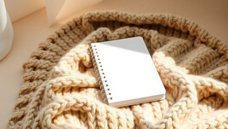 Top-down view of an open blank notebook placed on a soft, beige chunky knitted blanket. The scene is bathed in natural light, creating a warm and inviting atmosphere perfect for relaxation and creativity. The clean white pages suggest a fresh start for journaling, sketching, or planning. Ideal for lifestyle blogs, productivity content, stationery branding, and cozy workspace inspiration. This minimalist composition evokes comfort, mindfulness, and artistic expression.の素材