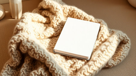 Top-down view of an open blank notebook placed on a soft, beige chunky knitted blanket. The scene is bathed in natural light, creating a warm and inviting atmosphere perfect for relaxation and creativity. The clean white pages suggest a fresh start for journaling, sketching, or planning. Ideal for lifestyle blogs, productivity content, stationery branding, and cozy workspace inspiration. This minimalist composition evokes comfort, mindfulness, and artistic expression.の素材